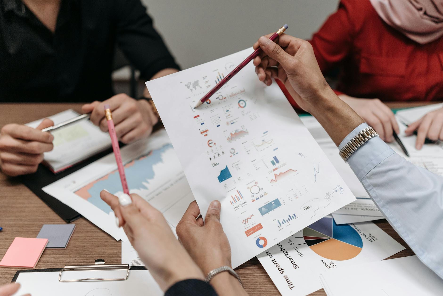 Zespół analizuje raporty i wykresy podczas wspólnego spotkania