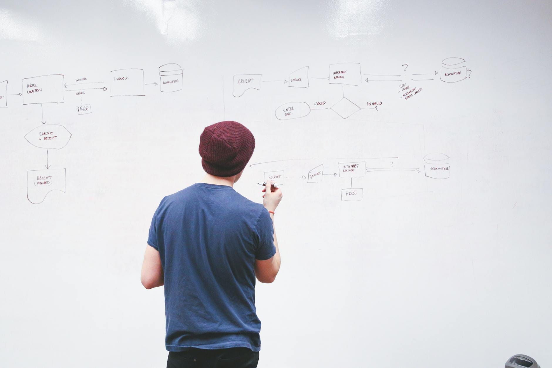 Młody przedsiębiorca planuje infrastrukturę chmurową na tablicy whiteboard